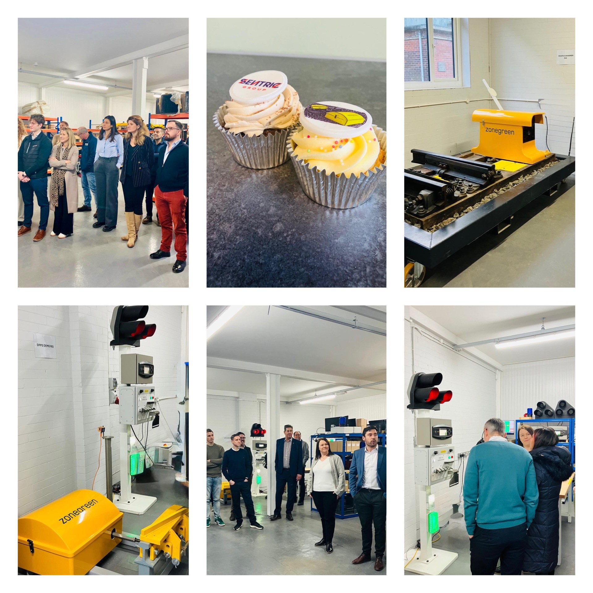 **Alt text:** Collage of six images showing Zonegreen's new premises, including staff and visitors touring the facility, demonstrations of depot safety equipment, and cupcakes decorated with Sentric and Zonegreen logos.