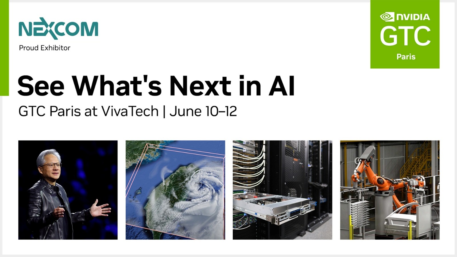 NEXCOM promotional banner for GTC Paris at VivaTech, taking place from June 10–12, highlighting AI innovations with images of a speaker, satellite weather data, server hardware, and industrial robots.