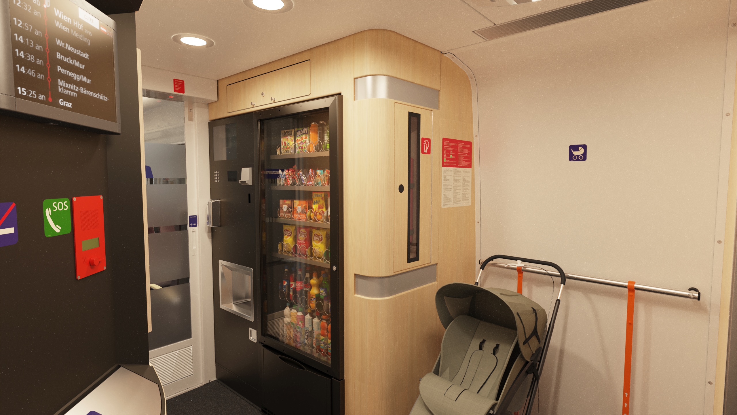 The design incorporates vending machines, areas for prams, and new passenger information screens