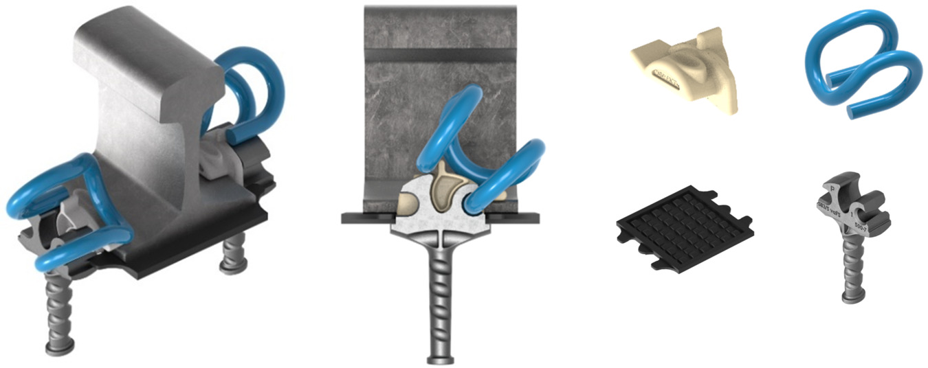 The SBW4 rail fastening - the visualization of the positioning of the SB4 rail clamp before final assembly and the appearance of the modified, improved components of this fastening.