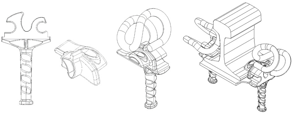 From left: the modified cast iron anchor SB3/5, the modified electrically insulating hold-down device WIW60C, the positioning of the spring clamp SB4 on the new cast iron anchor SB3/5 and the hold-down device WIW60C, a view of the complete rail fastening node SBW4 with improved components.