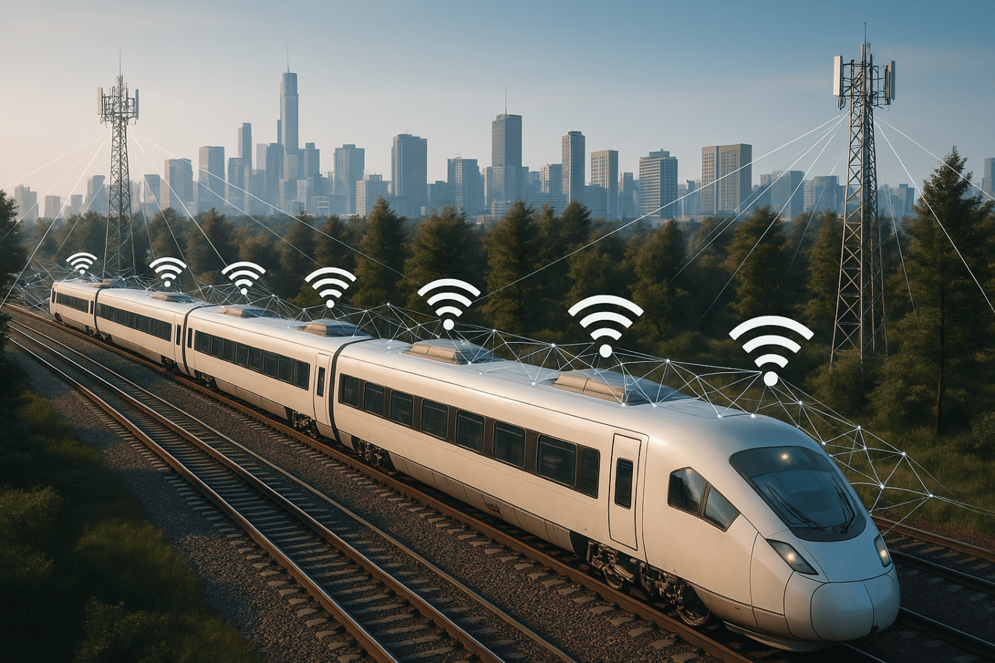 Modern high-speed train travelling on railway tracks with wireless connectivity symbols, representing onboard Wi-Fi and communication with nearby cell towers; city skyline in the background.