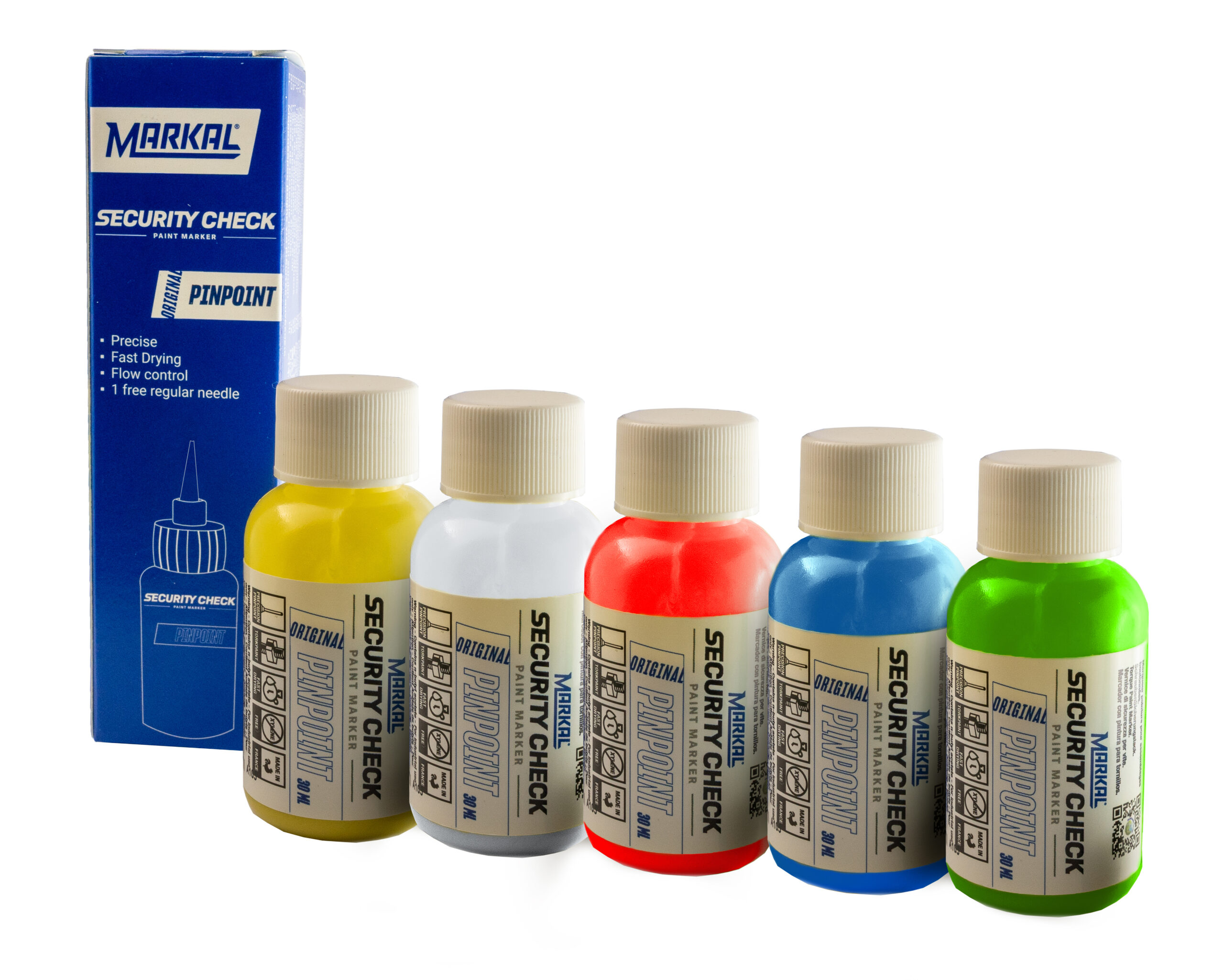 Bottles of the Markal Security Check paint markers in yellow, white, red, blue, and green