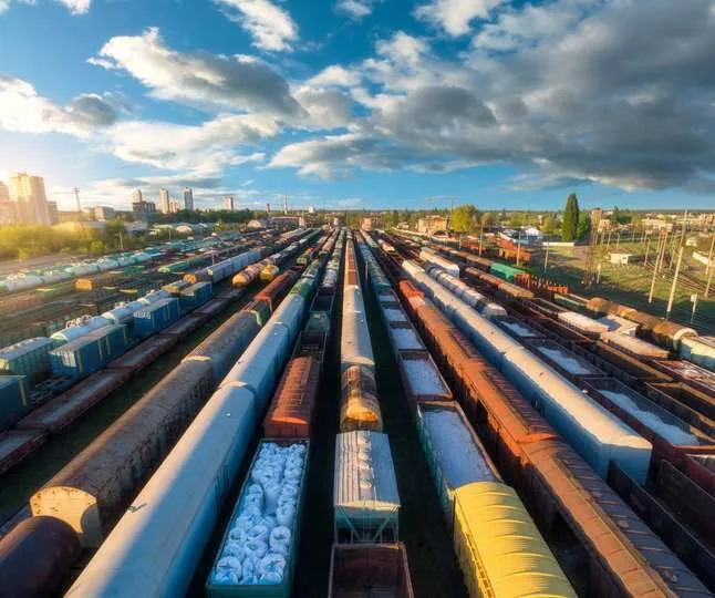 An aerial view captures numerous long freight trains with various colored cars parked on parallel tracks, stretching into the distance under a bright sky with scattered clouds, with a city skyline visible on the horizon to the left.