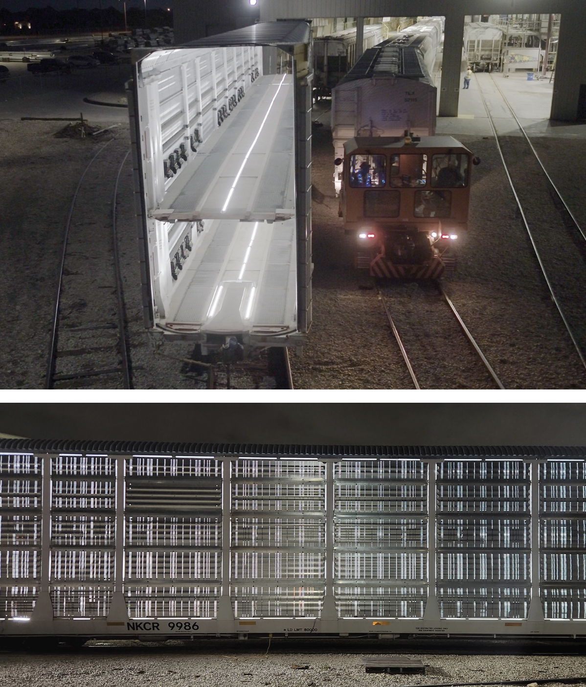 An autorack railcar showing improved lighting inside with our modular LED light system.