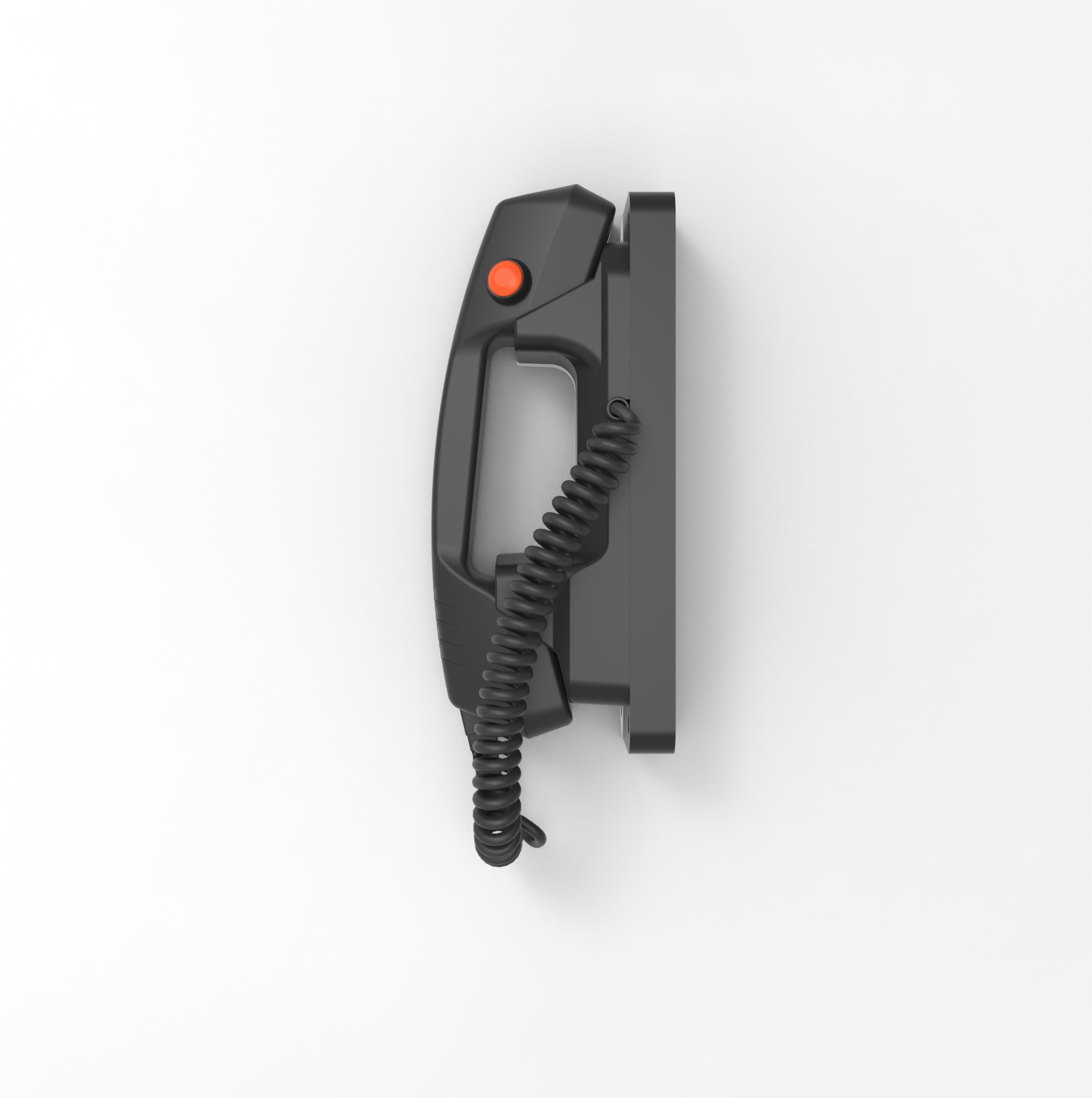 A minimalist side-profile shot of a black wall-mounted telephone with a coiled cord, featuring a single orange button on the handset, all set against a clean white background.