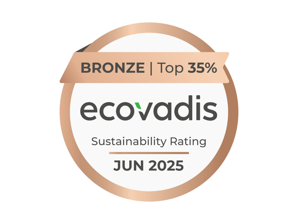 A circular bronze and white logo displays "ecovadis" in black, with "Sustainability Rating" below it, and a banner across the top stating "BRONZE | Top 35%", and "JUN 2025" at the bottom.