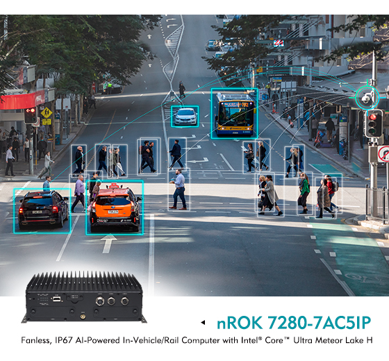 Visual display of the nROK 7280-9AC5IP rugged in-vehicle computer designed for telematics and advanced AI transport applications.