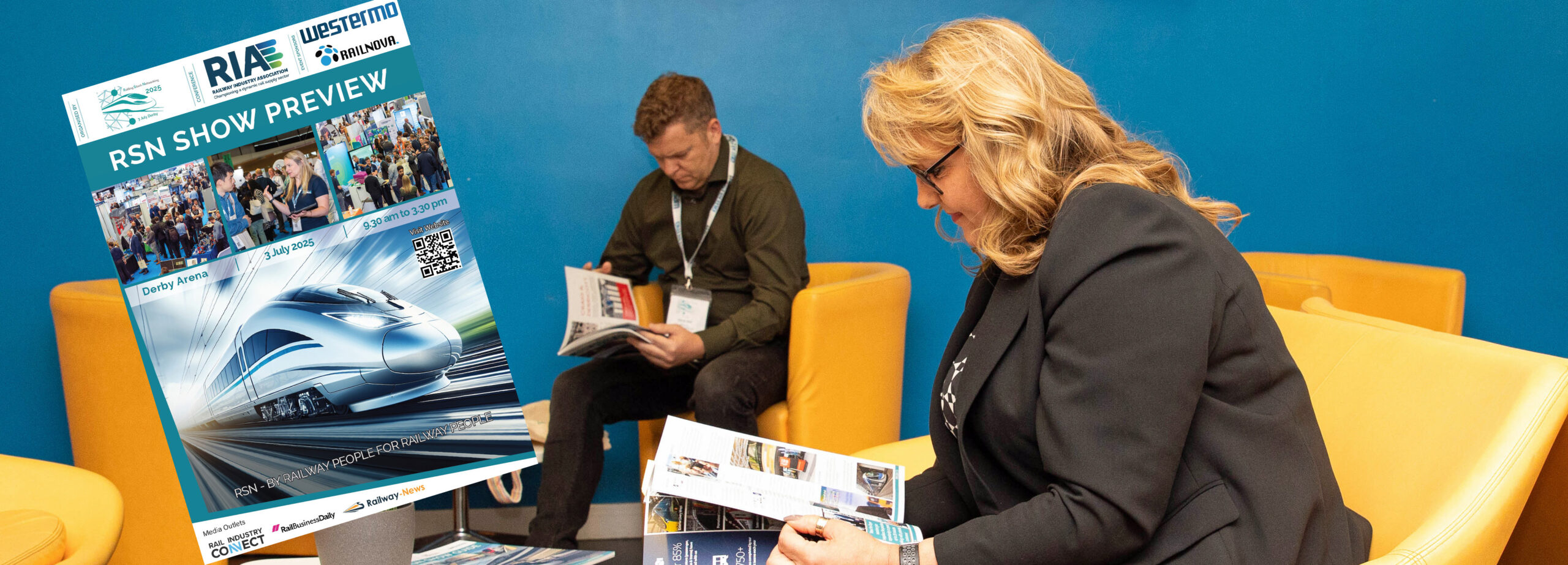 Man and woman sat in yellow armchairs reading the RSN show guide