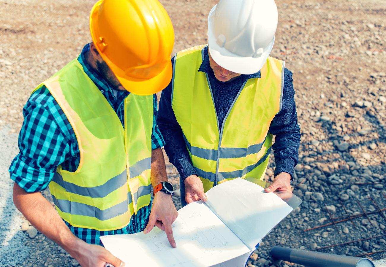 Two construction workers in hard hats and high-visibility vests, seen from above, are closely examining and pointing at a document or blueprint, with a rocky, uneven ground surface in the background.