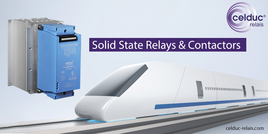 A white and blue solid-state relay module is positioned next to a sleek, white high-speed train on a track, with "Solid State Relays & Contactors" text and the "celduc relais" logo.