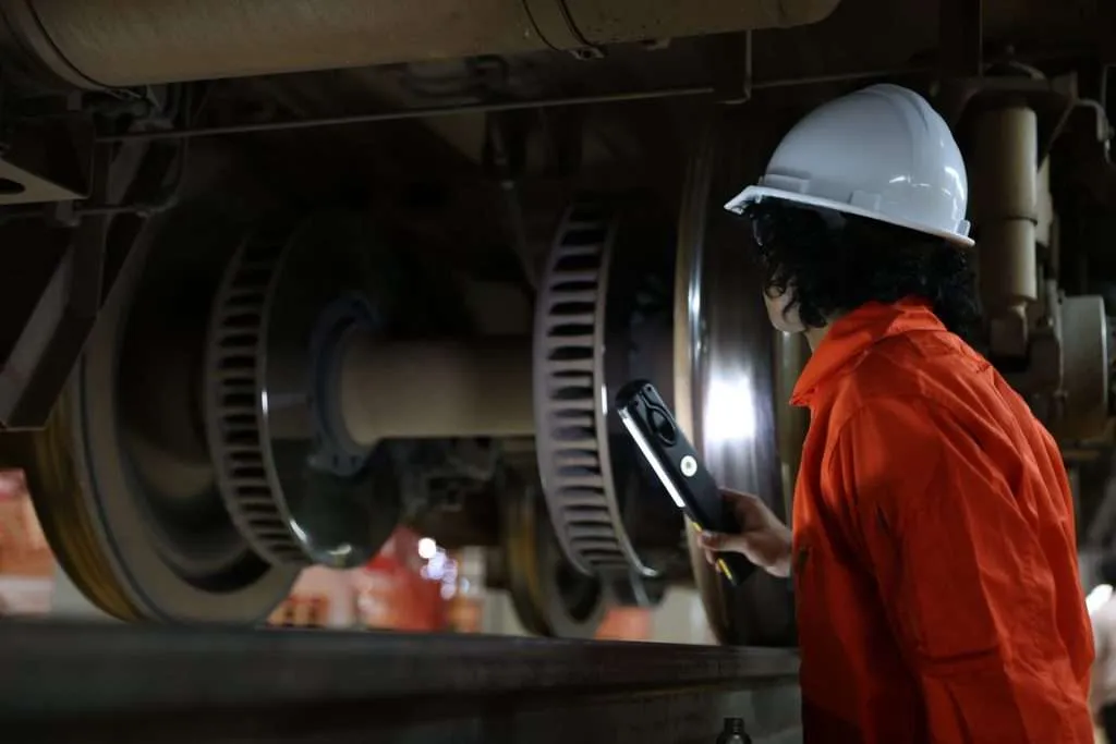 A rail worker in an orange jumpsuit and white hard hat inspects a train's wheels and undercarriage with a flashlight.