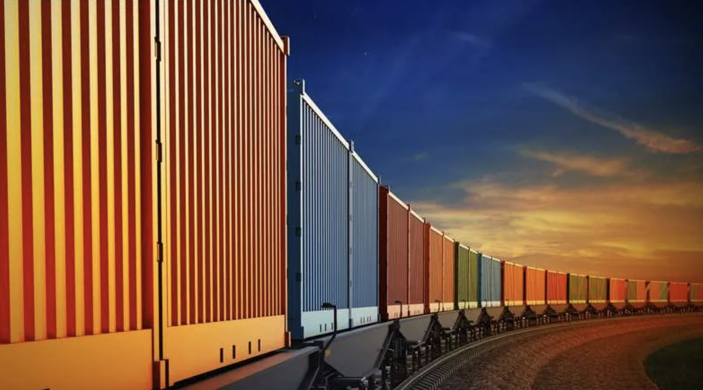 Cargo train with multiple multicoloured containers