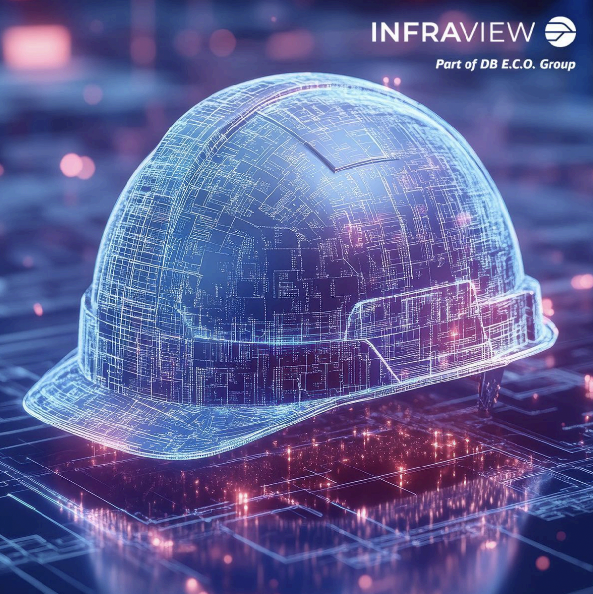 A wireframe rendering of a hard hat glows with blue lines over a dark, circuit board-like background with red light trails.