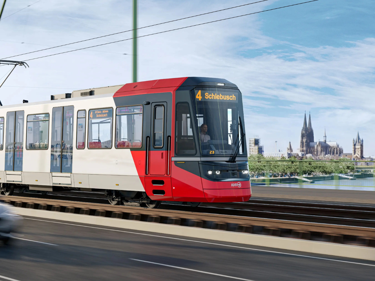 An image of a Stadler light rail vehicle mid-journey