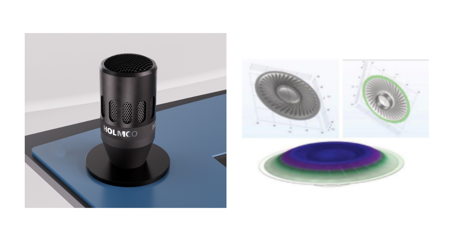 Figure 1 – Left: The MW-50 desk microphone is ideally suited for use in railway cabins to provide reliable, high-quality audio communication. Right: Results from a membrane vibration analysis. Top: model of the membrane used in the simulation Diaphragm with structure and fixed boundaries (green ring). Bottom: Vibration pattern at resonance frequency.