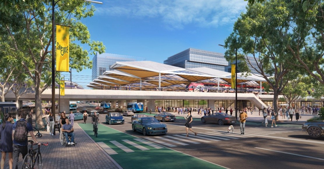 An artistic rendering of the At-Grade tracks passing over a rebuilt Santa Clara Street undercrossing, looking east