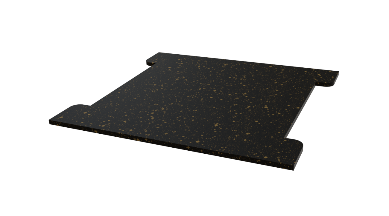 A flat, rectangular black mat with subtle, colorful speckles, featuring two notched cutouts on opposite short sides, is presented against a plain white background.