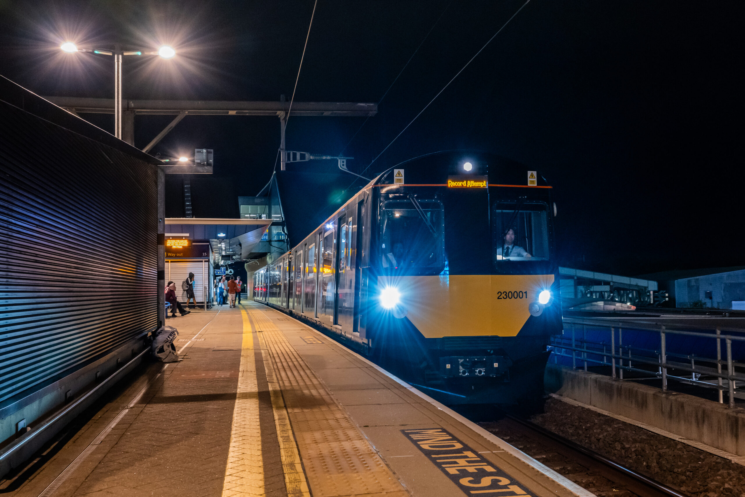 The battery-electric train sat at Reading station during the night