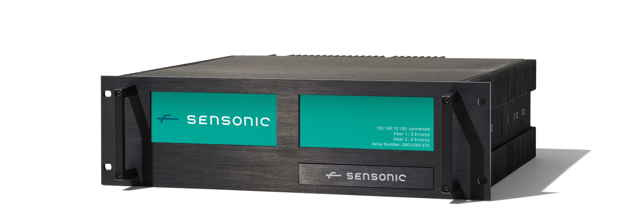 A Sensonic rack-mountable electronic device, with a black brushed metal front panel and two teal-colored labels, is angled against a white background.
