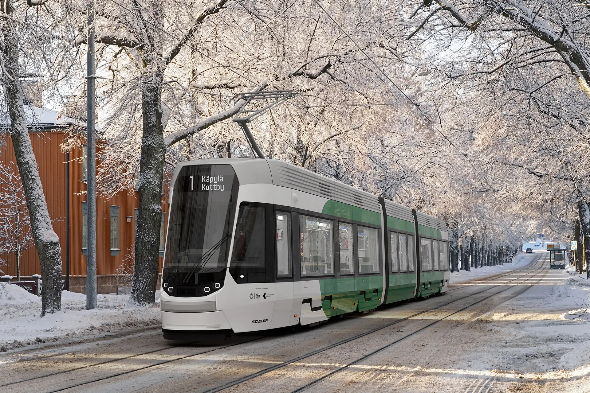 A tram in a snowy street