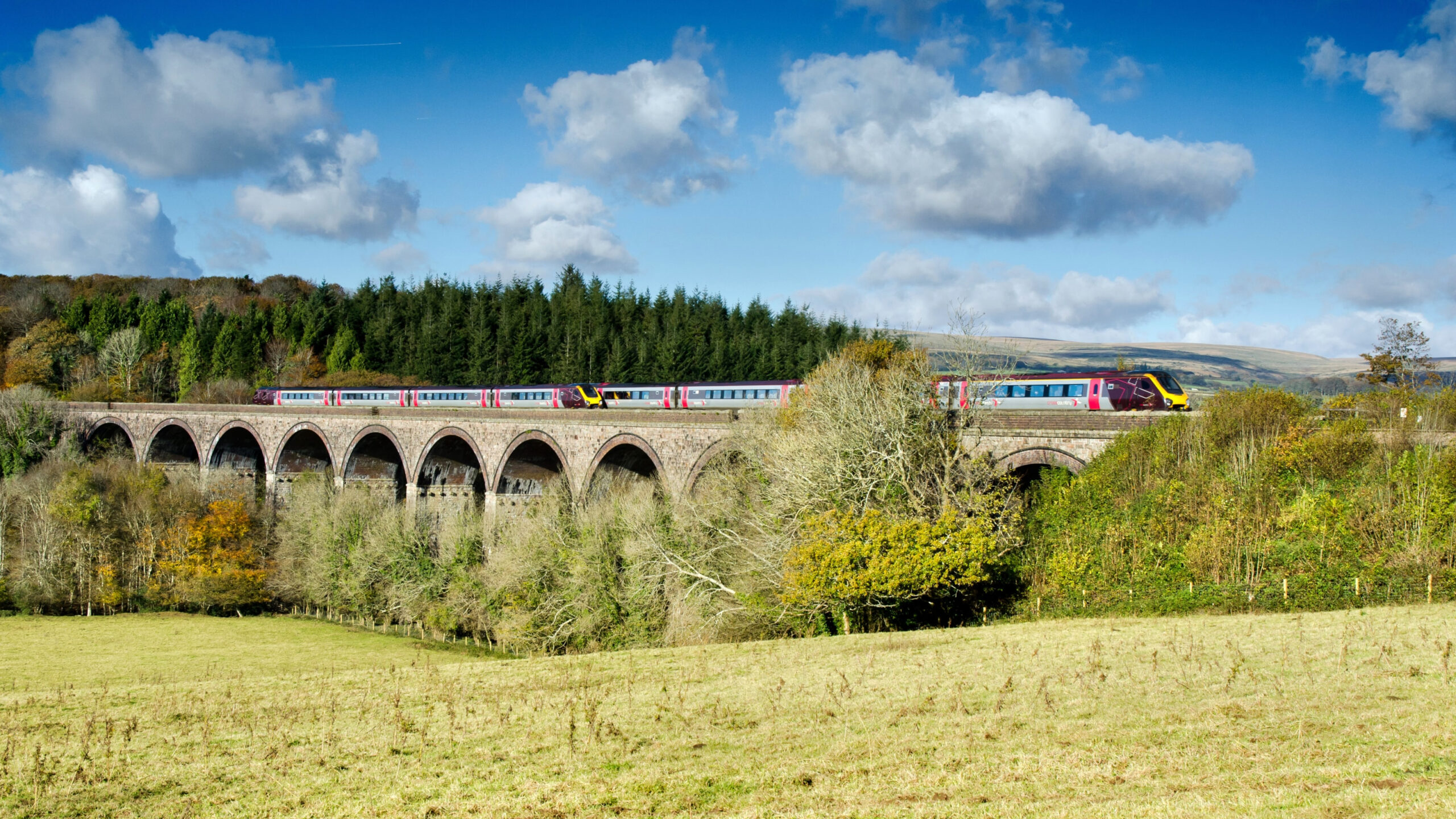 CrossCountry Voyagers pass at Blatchford viaduct, near Ivybridge