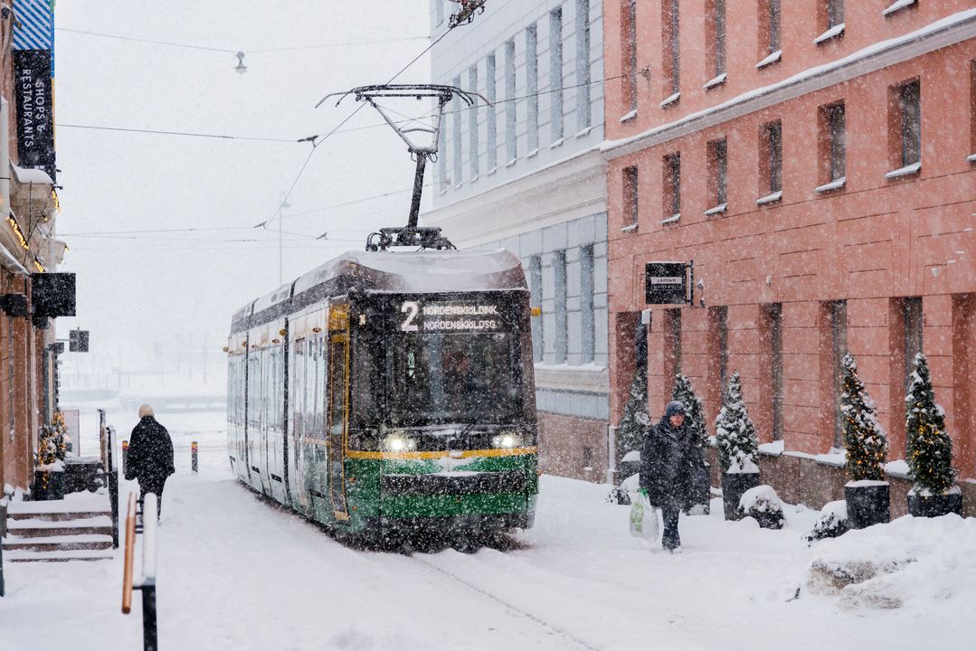 A tram in the snow