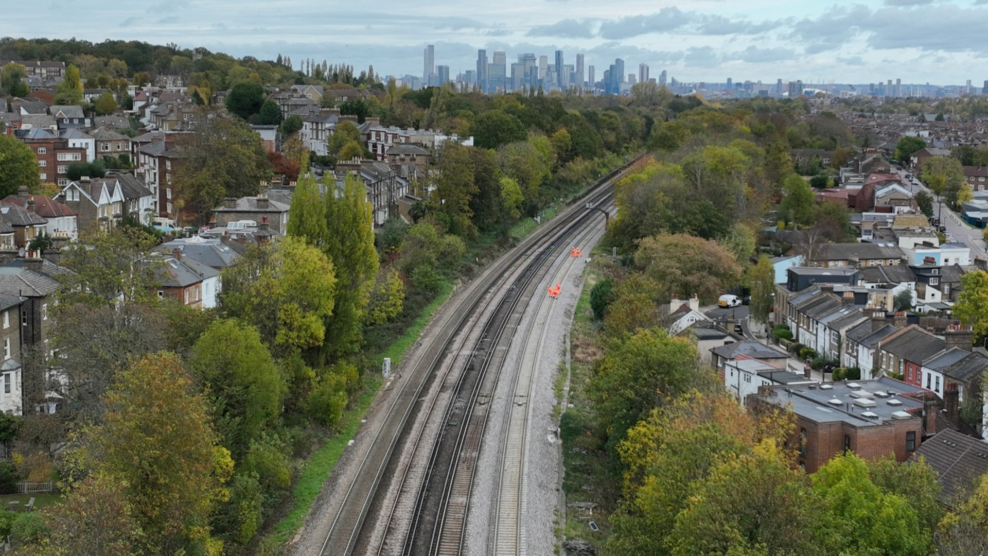 Aerial view of track between Honor Oak Park and Brockley looking north