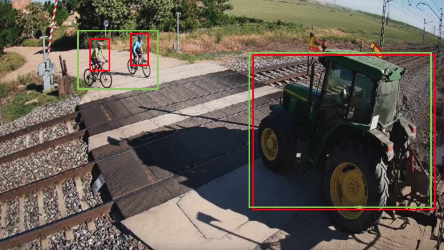 A tractor and two cyclists being identified by an obstacle detection system