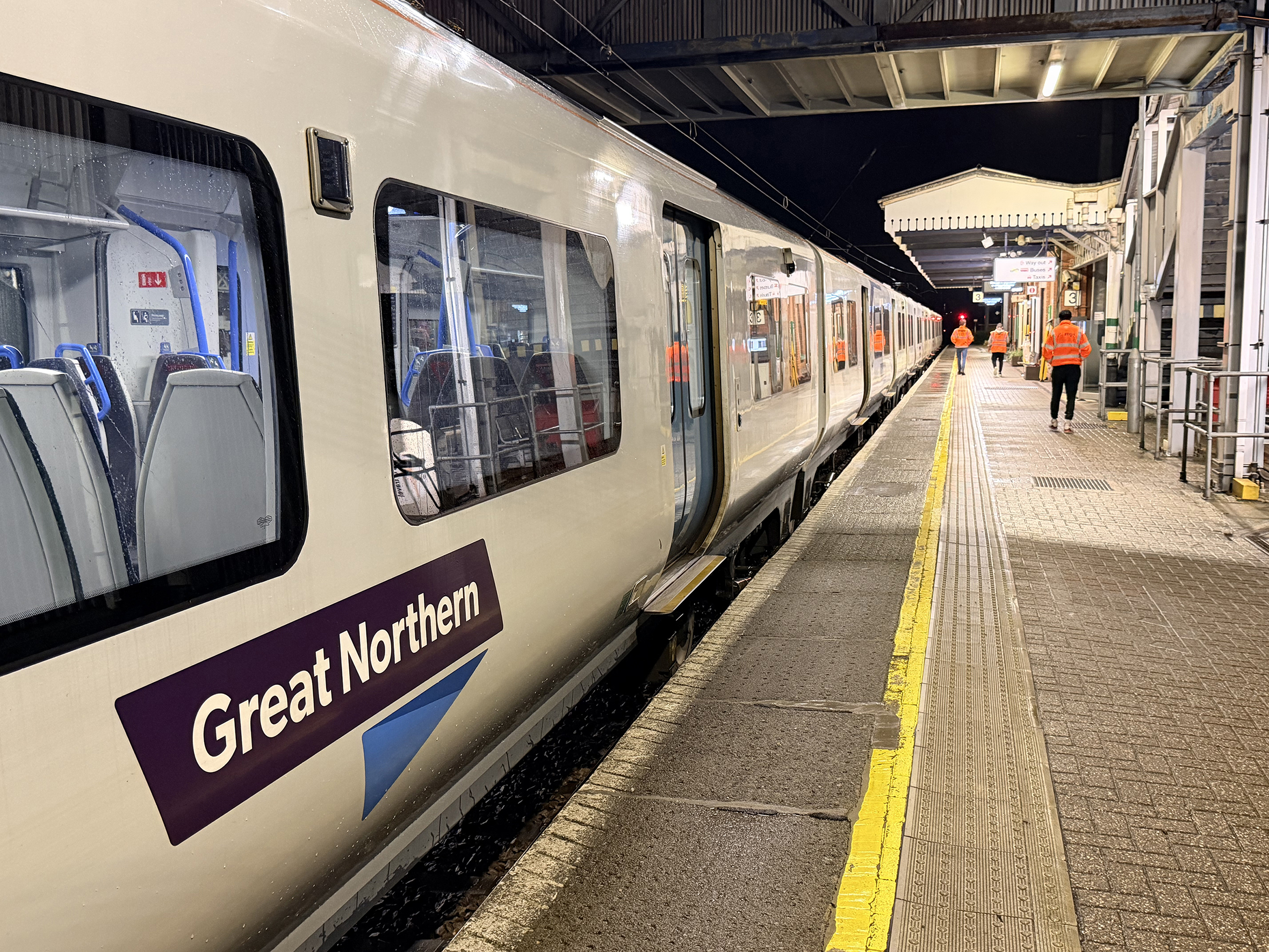 Great Northern Class 717020 awaits departure at Welwyn Garden City on Saturday night, 22 November 2025, during a weekend of testing for the East Coast Digital Programme.