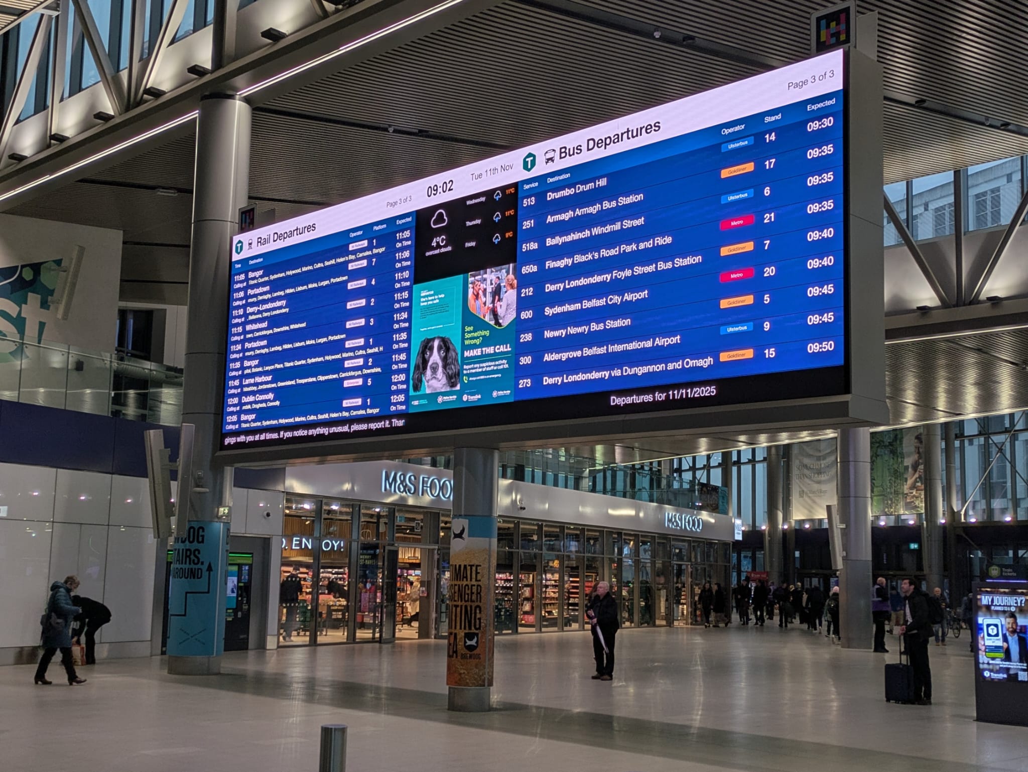 Live Rail and Bus journey information displayed at Belfast Grand Central Station