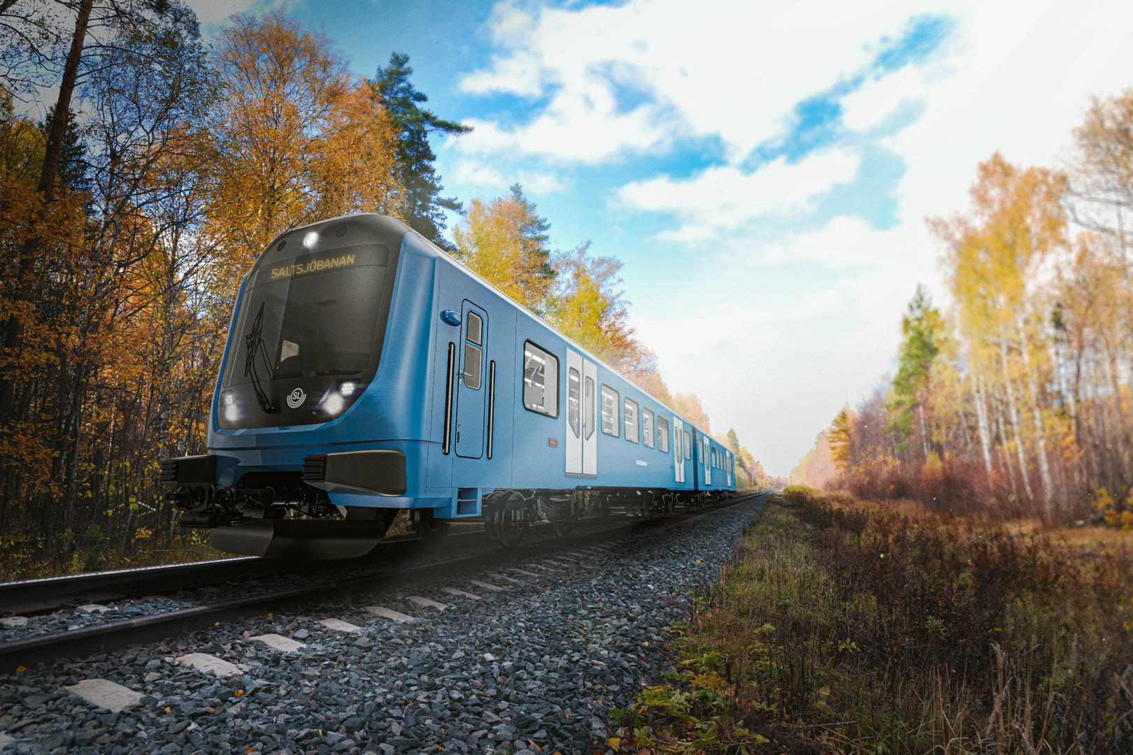A render of a Škoda train travelling through the countryside