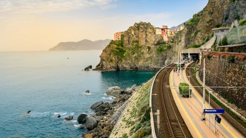 The train station in the small village of Cinque Terre is a famous tourist destination in Liguria, Italy.