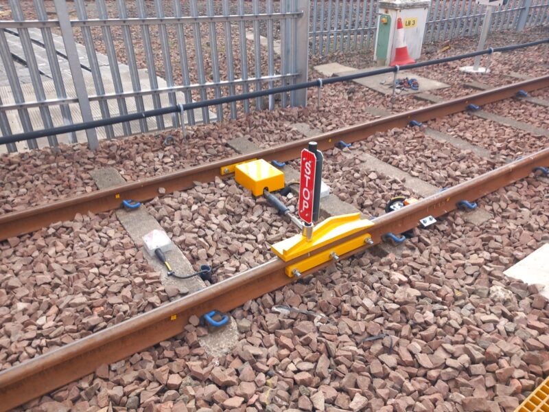 A derailer, part of the Zonegreen DPPS, in operation at Glasgow rail depot, Broomloan.