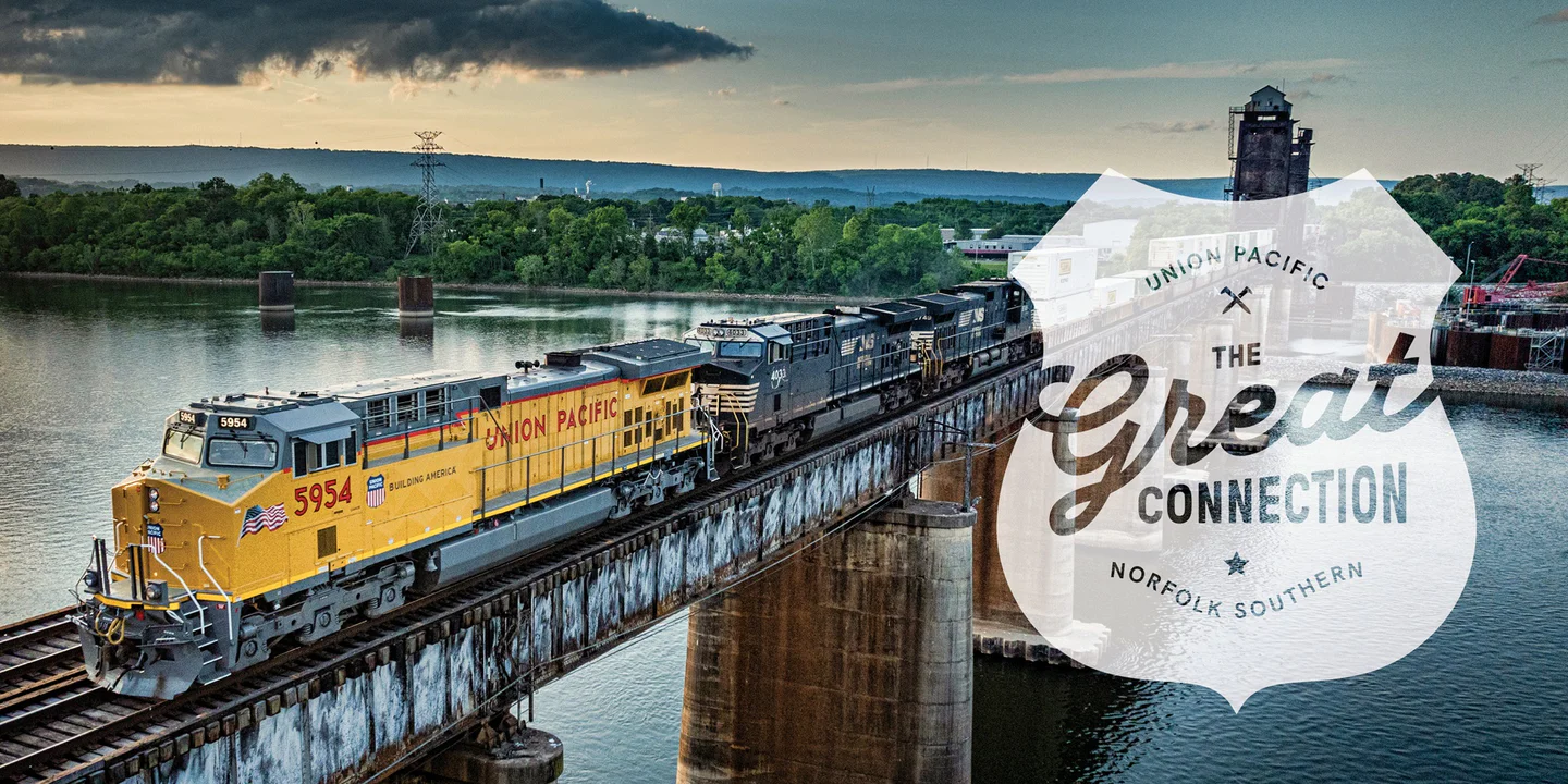 A graphic advertising the merge of Union Pacific and Norfolk Southern
