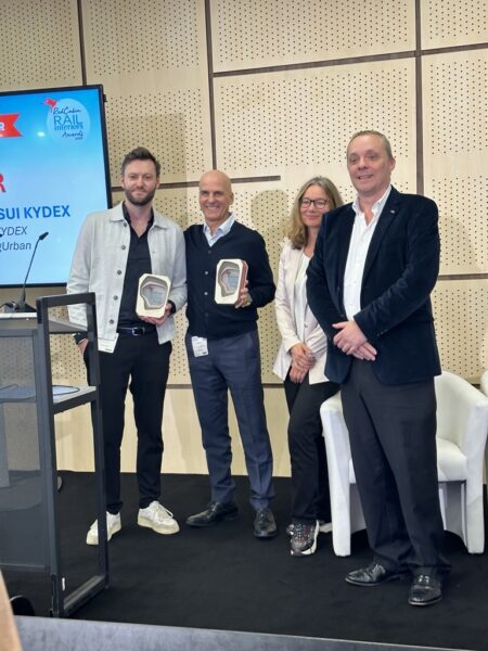 Left to Right of group image: Jerome Chabot, Senior Designer at neomind, Ruben Bake, SEKISUI KYDEX Mass Transit Market Business Manager, Simone Lange, Program Director at Red Cabin, and Damien de Roche, Executive Brand Manager, Rail Interiors Show.