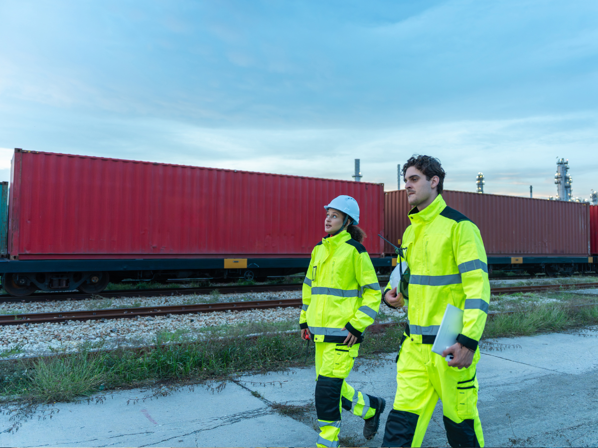 Two people walking alongside a freight car