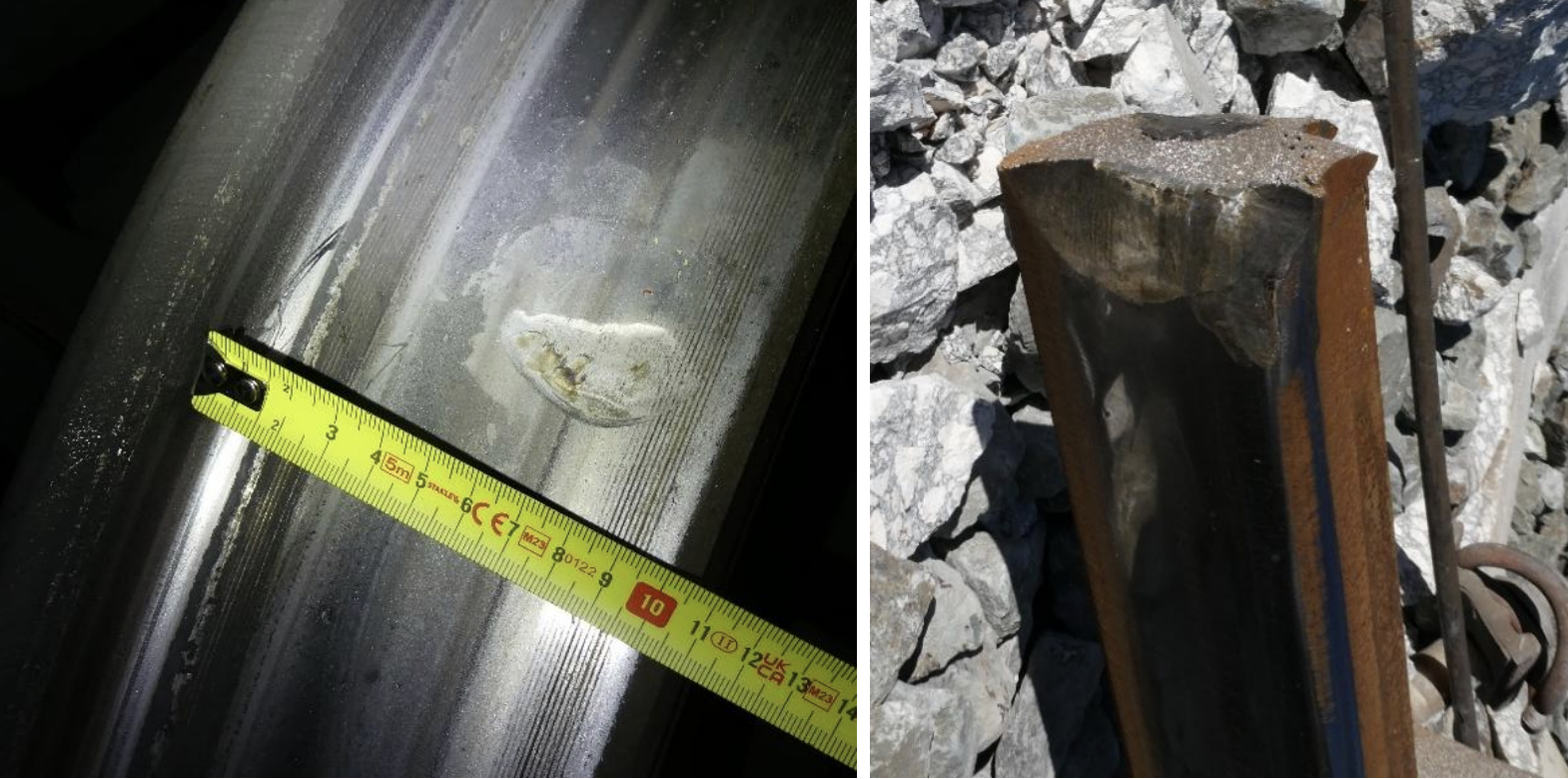 Notches found on the right wheel of axle 13 of the Iryo train (4th carriage, first axle ofthe first bogie) and possible point of collision with the rail head