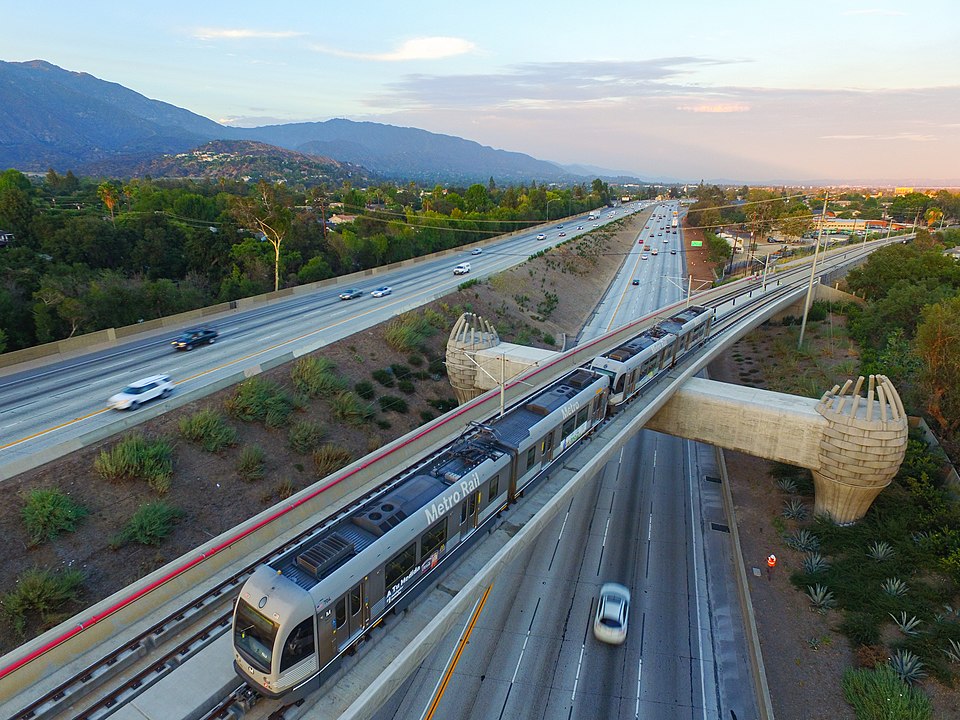 A bridge for the Los Angeles A Line Metro which crosses over the I-210 – part of the initial phase of the Foothill Extension project