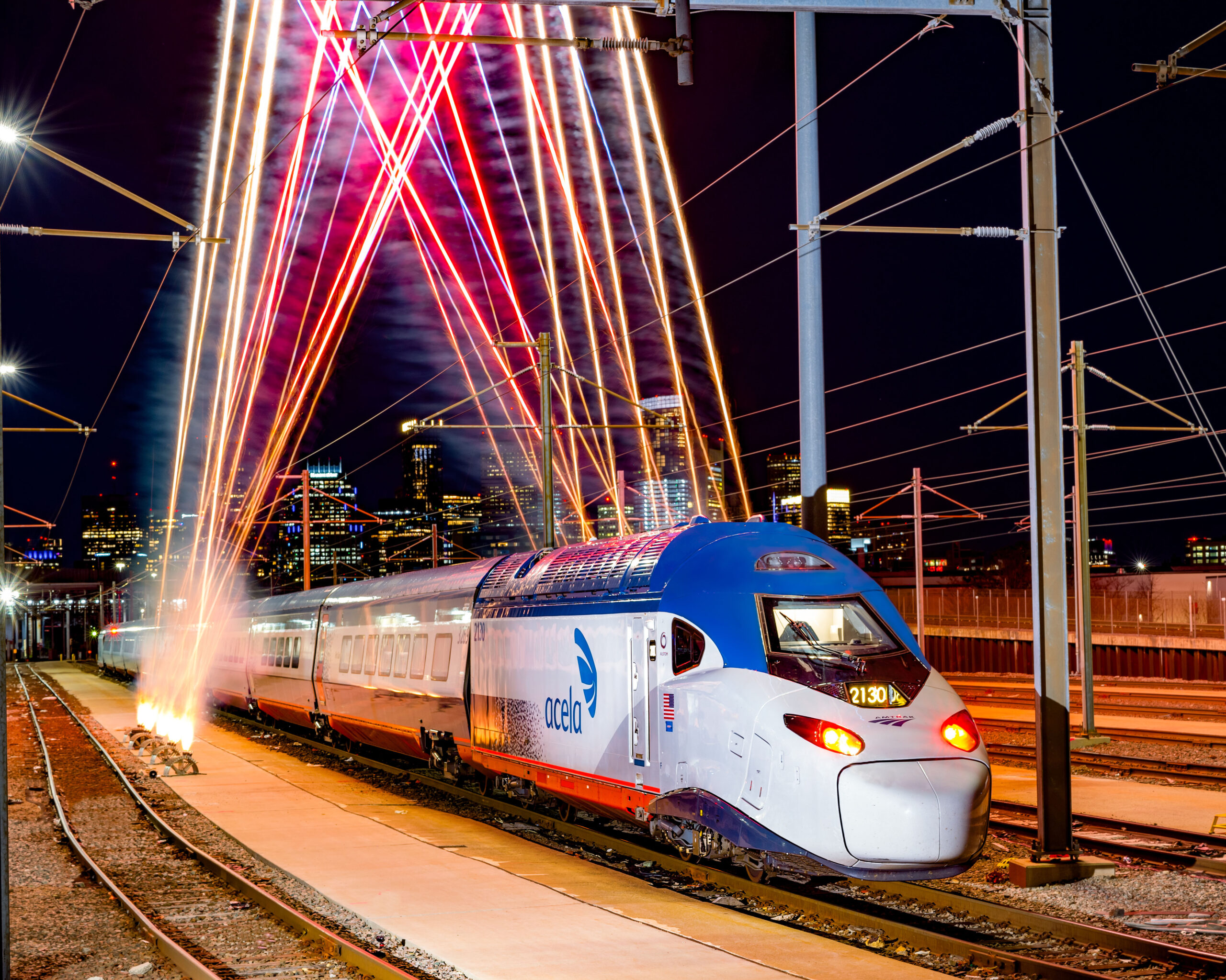 A train beside some lasers 