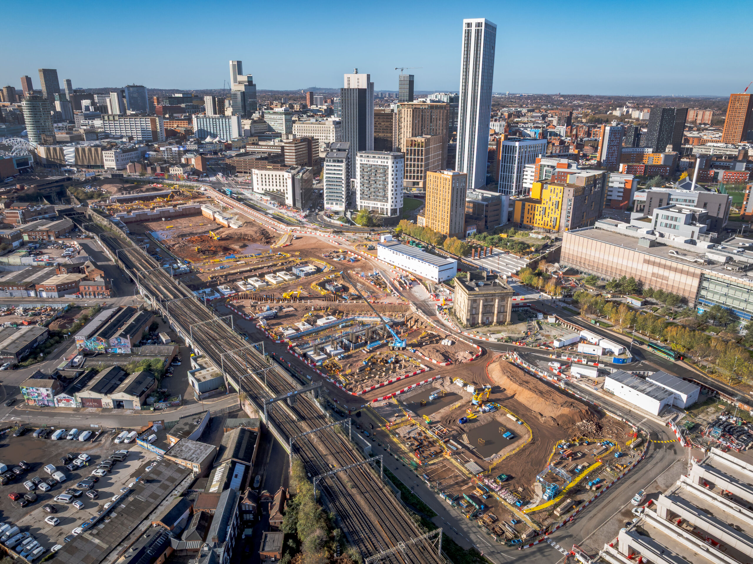 Aerial view of the Curzon Street site with the old station building in the centre Nov 2025