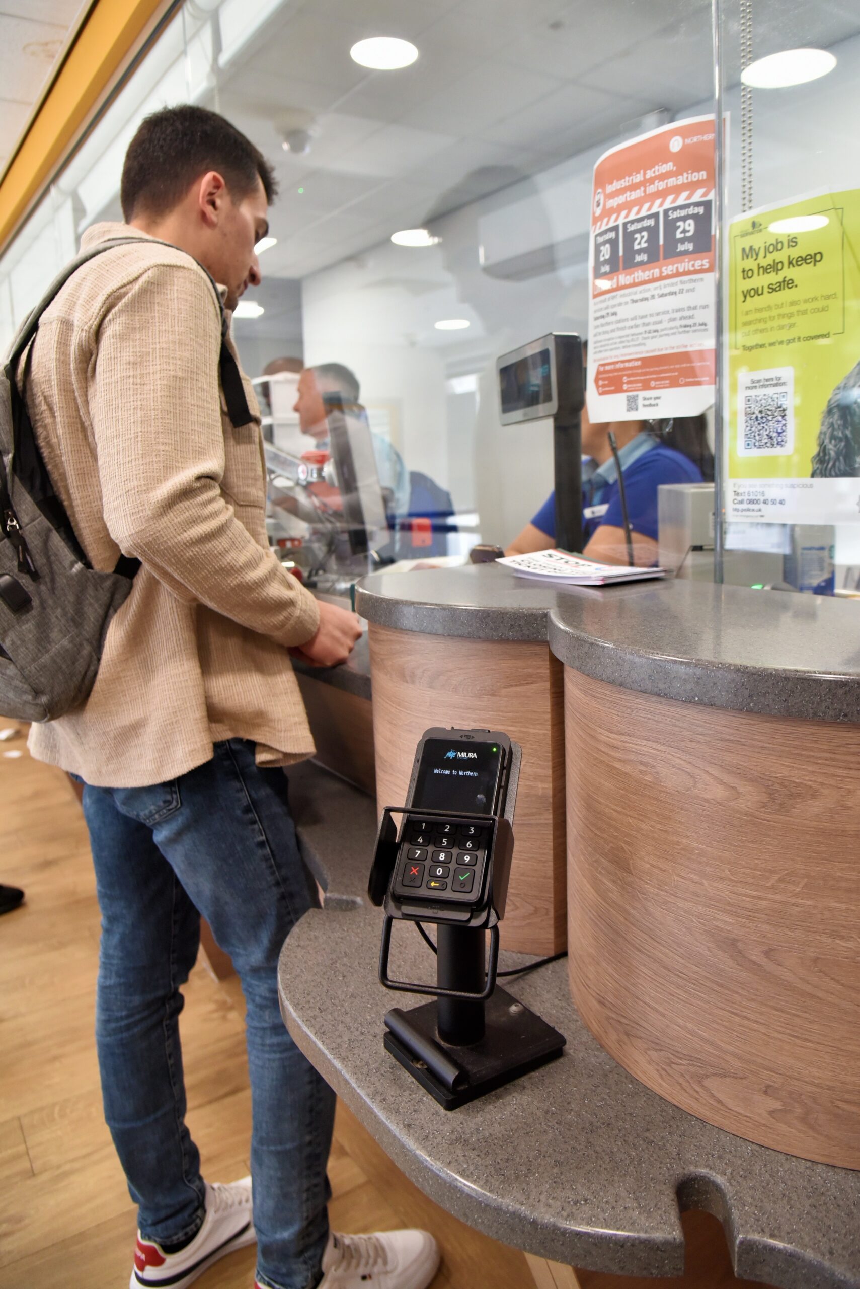 Counter-top retail PoS device at Liverpool Lime Street station ticket office.