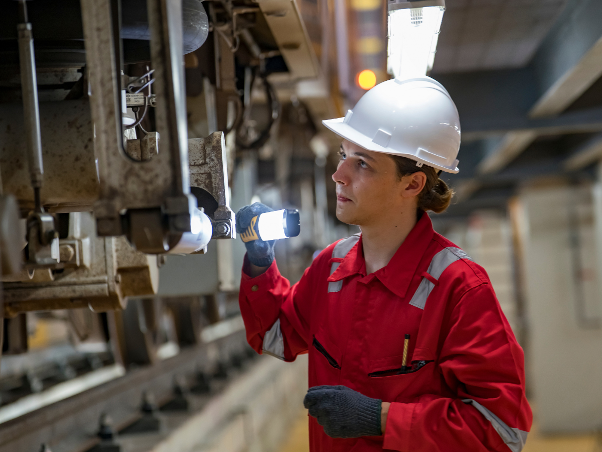A woman doing maintenance on a train