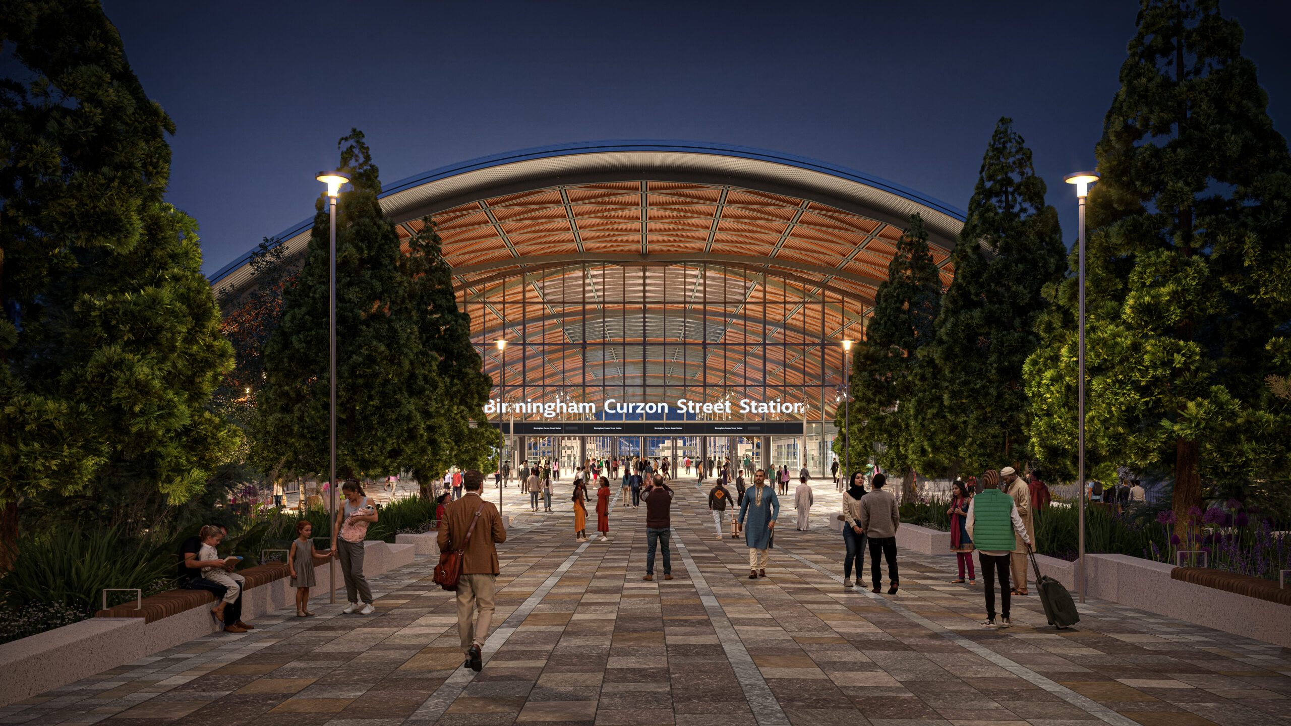 Visualisation showing the front of the new Curzon Street station from Moor Street Queensway