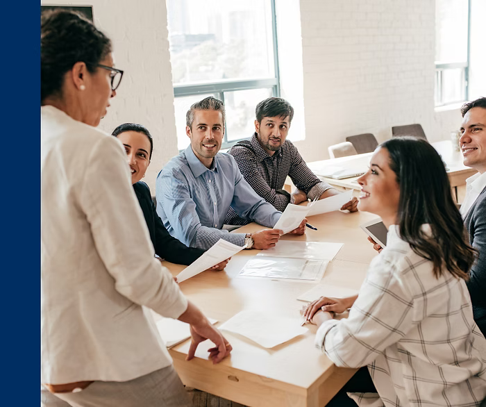 Image of woman sood up speaking to people sat around a board room table