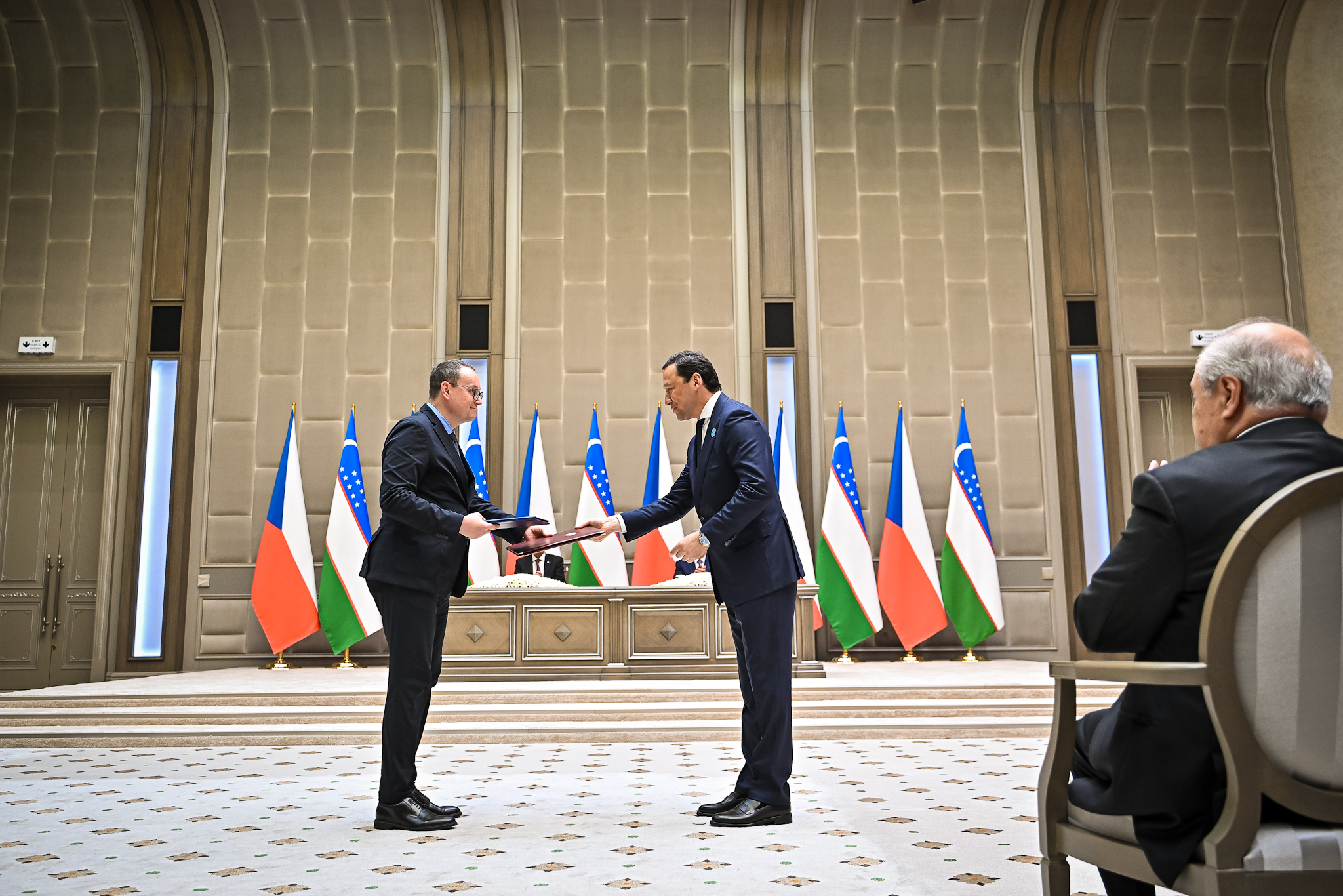 Two men shaking hands in front of a series of flags