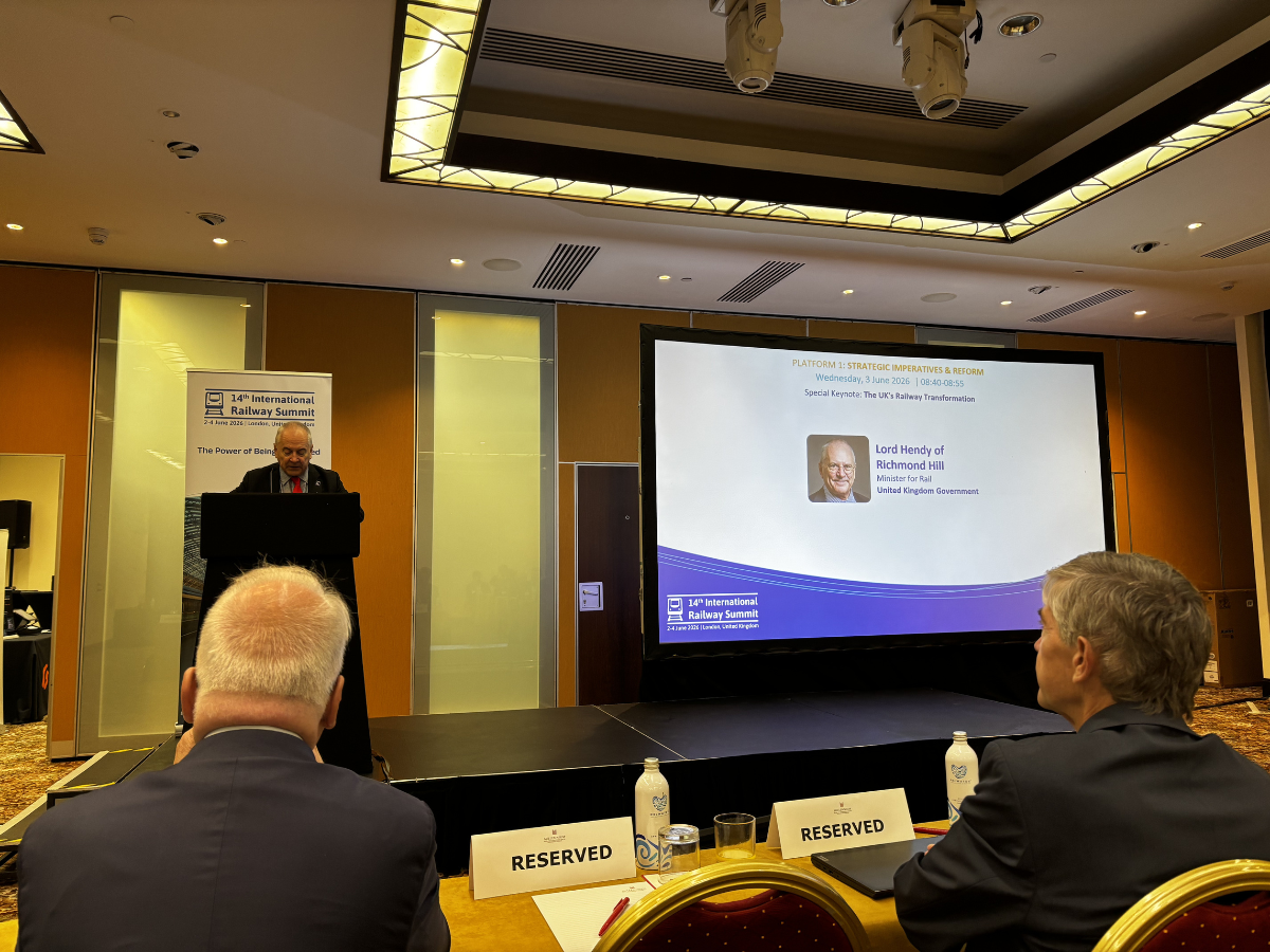 Lord Hendy delivering a keynote speech at the International Rail Summit