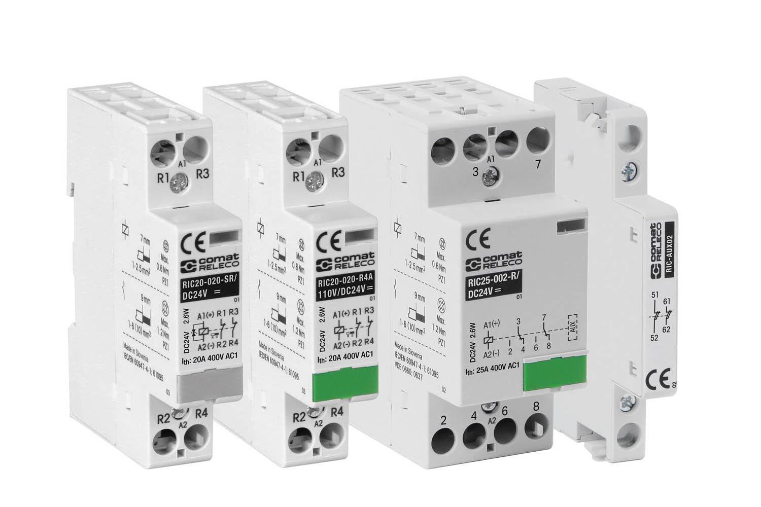 RIC-R - The DC switching power of 4 A at 110 V DC (DC-5) is achieved thanks blow magnet for the 2 pole contactors