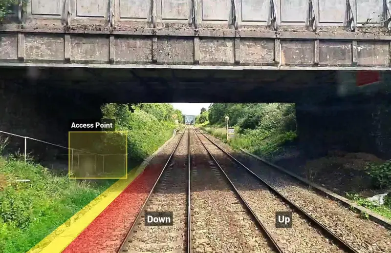Pre-site planning on the AIVR Platform – forward-facing video with hazard annotation, access point identification, and safe walking route overlays, all reviewed remotely before any team steps on the track.