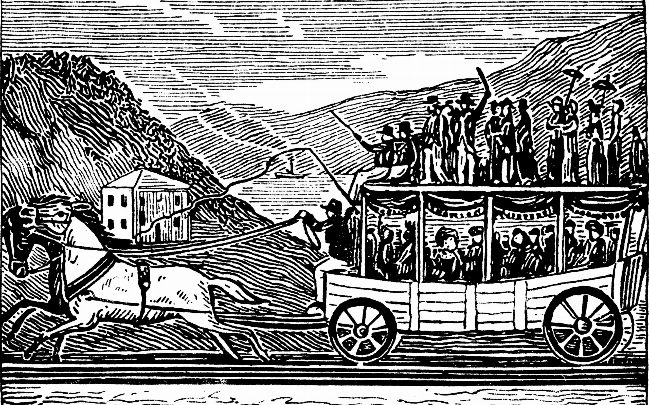 A horse-drawn rail coach operating on the Baltimore and Ohio Railroad around 1830-1835